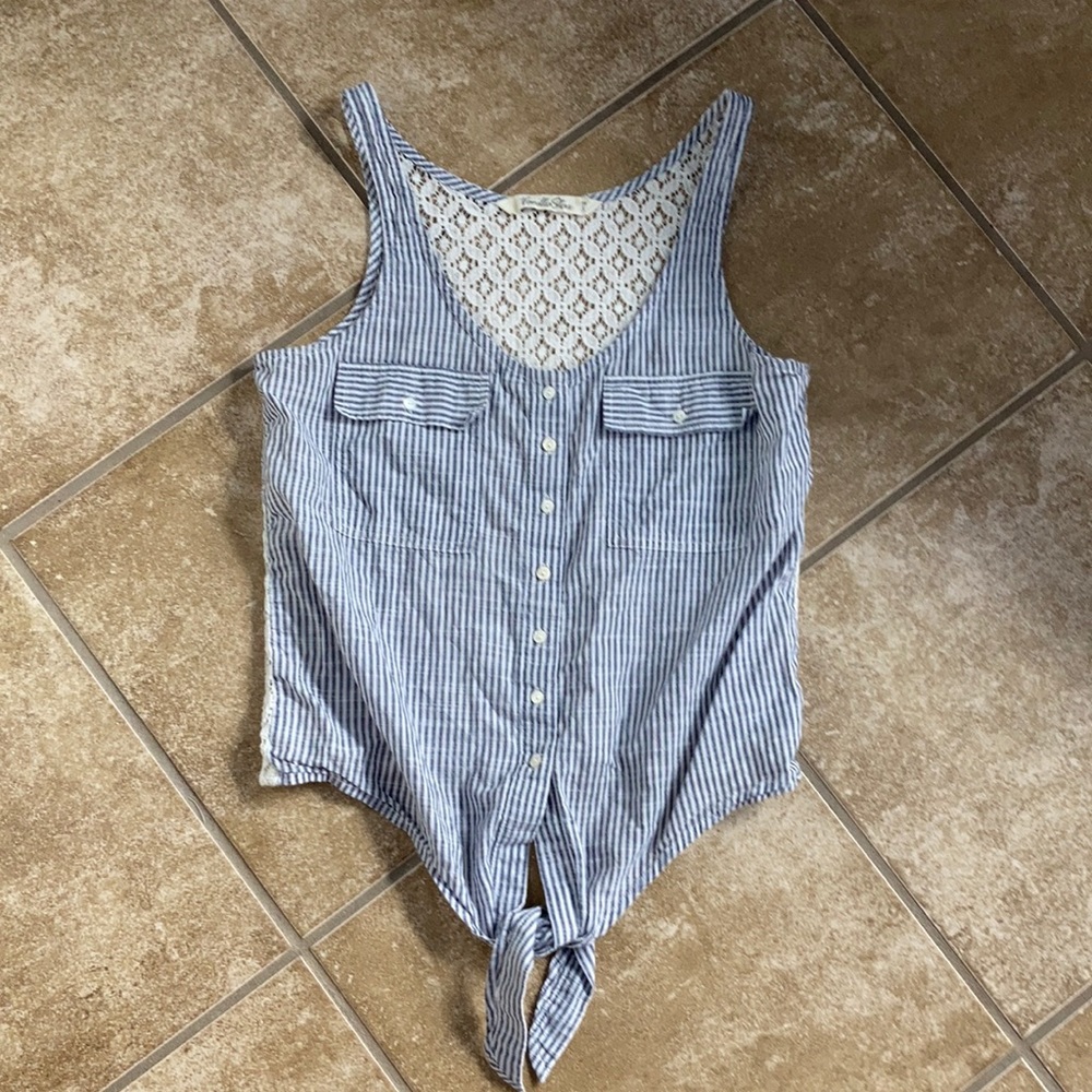 Vanilla Star Women’s Small Tank Blue White Stripes Tie Front Buttons Lace Back